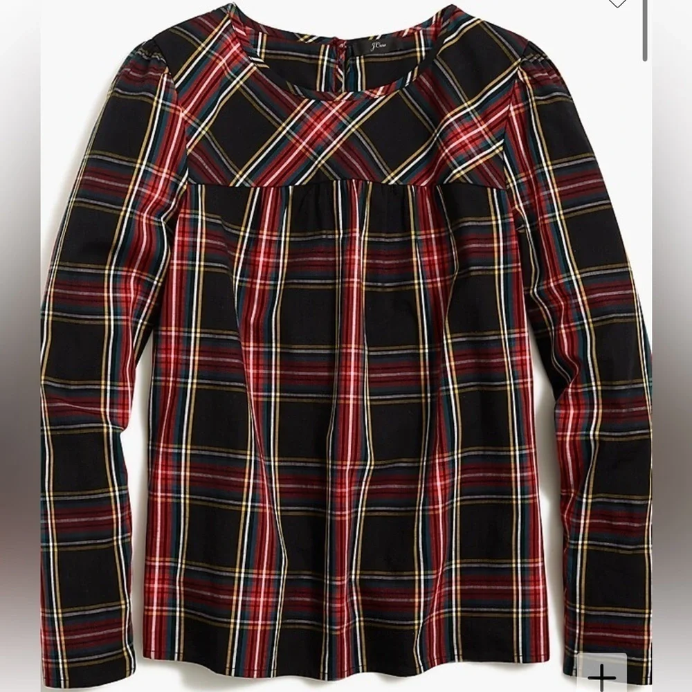 J. Crew Tartan puff-sleeve top in stretch poplin Size Medium